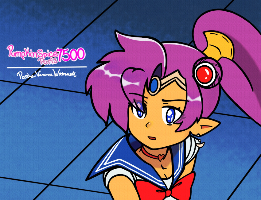 1girl bishoujo_senshi_sailor_moon blue_eyes dark_skin derivative_work dress earrings highres jewelry long_hair pumpkinspice7500 purple_hair sailor_dress sailor_moon sailor_moon_redraw_challenge sailor_senshi_uniform screencap_redraw shantae_(character) shantae_(series) tsukino_usagi upper_body