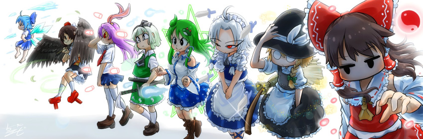 6+girls ahoge animal_ears apron arm_up ascot bangs barefoot black_hair black_skirt blonde_hair blue_hair blue_skirt blunt_bangs boots bow braid broom brown_hair bullet carrot chamaji cirno clenched_hands collared_shirt commentary_request danmaku detached_sleeves eyebrows_visible_through_hair feathered_wings feathers flying frilled_apron frilled_bow frilled_skirt frills frog_hair_ornament geta green_hair green_skirt grin hair_between_eyes hair_ornament hair_ribbon hair_tubes hairband hakurei_reimu hand_in_hair hand_in_pocket hand_on_headwear hand_on_weapon hands_on_hips hands_together hat hat_ribbon highres hitodama ice ice_wings izayoi_sakuya jitome kirisame_marisa knife kochiya_sanae konpaku_youmu konpaku_youmu_(ghost) leaf leg_ribbon lineup long_hair maid maid_apron maid_headdress multiple_girls necktie nontraditional_miko o_o one_eye_closed pen pentagram pleated_skirt pointy_ears pom_pom_(clothes) puffy_short_sleeves puffy_sleeves purple_hair rabbit_ears red_eyes red_skirt reisen_udongein_inaba ribbon shameimaru_aya shirt short_hair short_sleeves signature silver_hair simple_background single_braid skirt skirt_set smile snake_hair_ornament snowflakes socks star_(symbol) thigh-highs tokin_hat touhou twin_braids waist_apron white_background white_hair wind wing_collar wings witch_hat yin_yang zettai_ryouiki |_|