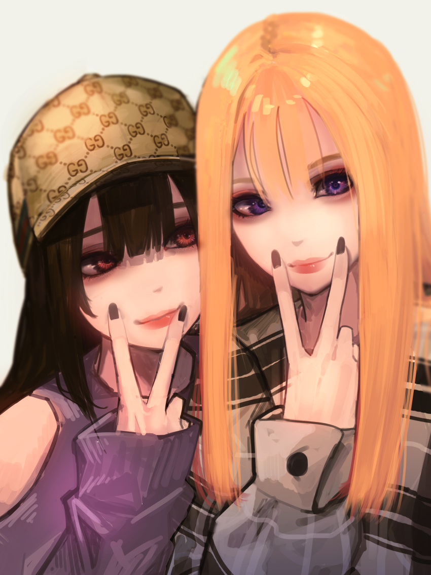 2girls absurdres bangs baseball_cap black_nails blonde_hair blue_eyes blunt_bangs brown_hair eyebrows_visible_through_hair eyes_visible_through_hair gucci hair_between_eyes hand_on_own_face hat highres long_hair long_sleeves looking_at_another looking_at_viewer looking_to_the_side multiple_girls original plaid plaid_shirt purple_sweater rakugaki_suruhito shirt sweater thick_lips upper_body v yuri