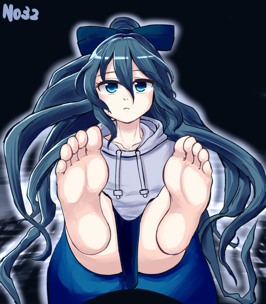 1girl 367gou barefoot black_background blue_bow blue_eyes blue_hair blue_skirt bow collarbone commentary_request debt expressionless eyebrows_visible_through_hair feet hair_bow highres hood hoodie long_hair looking_at_viewer pov_feet simple_background sitting skirt soles solo toes touhou very_long_hair yorigami_shion