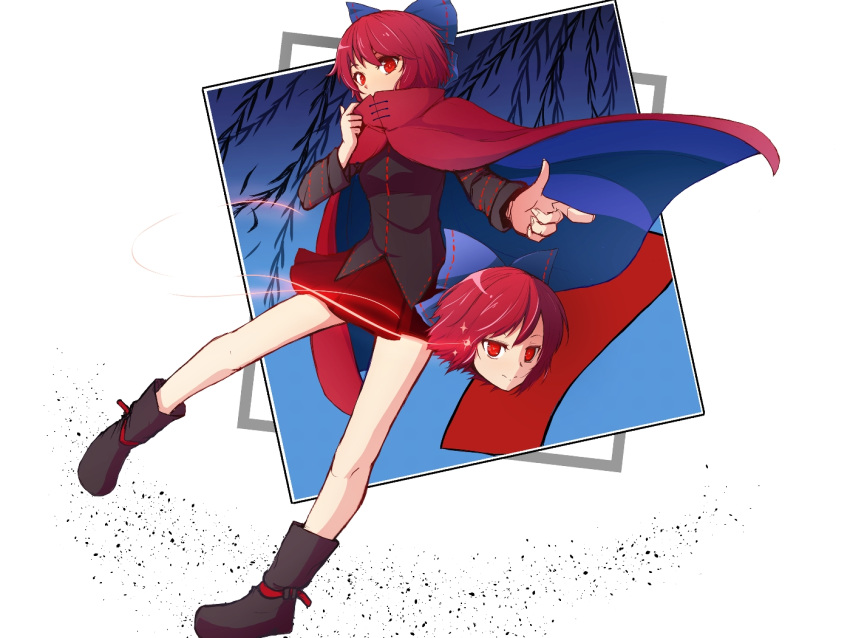 1girl bangs black_shirt blue_bow bow cape cloak disembodied_head floating_head full_body hair_bow hasmi headless high_collar long_sleeves miniskirt pointing red_cape red_cloak red_eyes red_skirt redhead sekibanki shirt short_hair skirt touhou