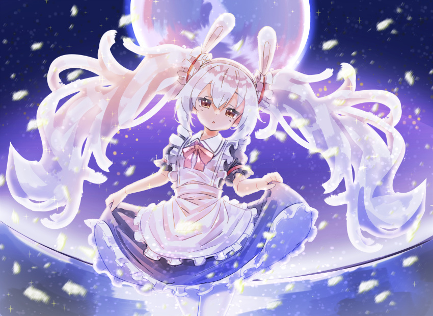 1girl alternate_costume animal_ears apron azur_lane bangs brown_eyes cowboy_shot enmaided eyebrows_visible_through_hair fake_animal_ears full_moon hair_between_eyes highres laffey_(azur_lane) long_hair looking_at_viewer maid moon parted_lips poppypilf rabbit_ears short_sleeves skirt_hold solo sparkle twintails very_long_hair white_apron white_hair white_legwear