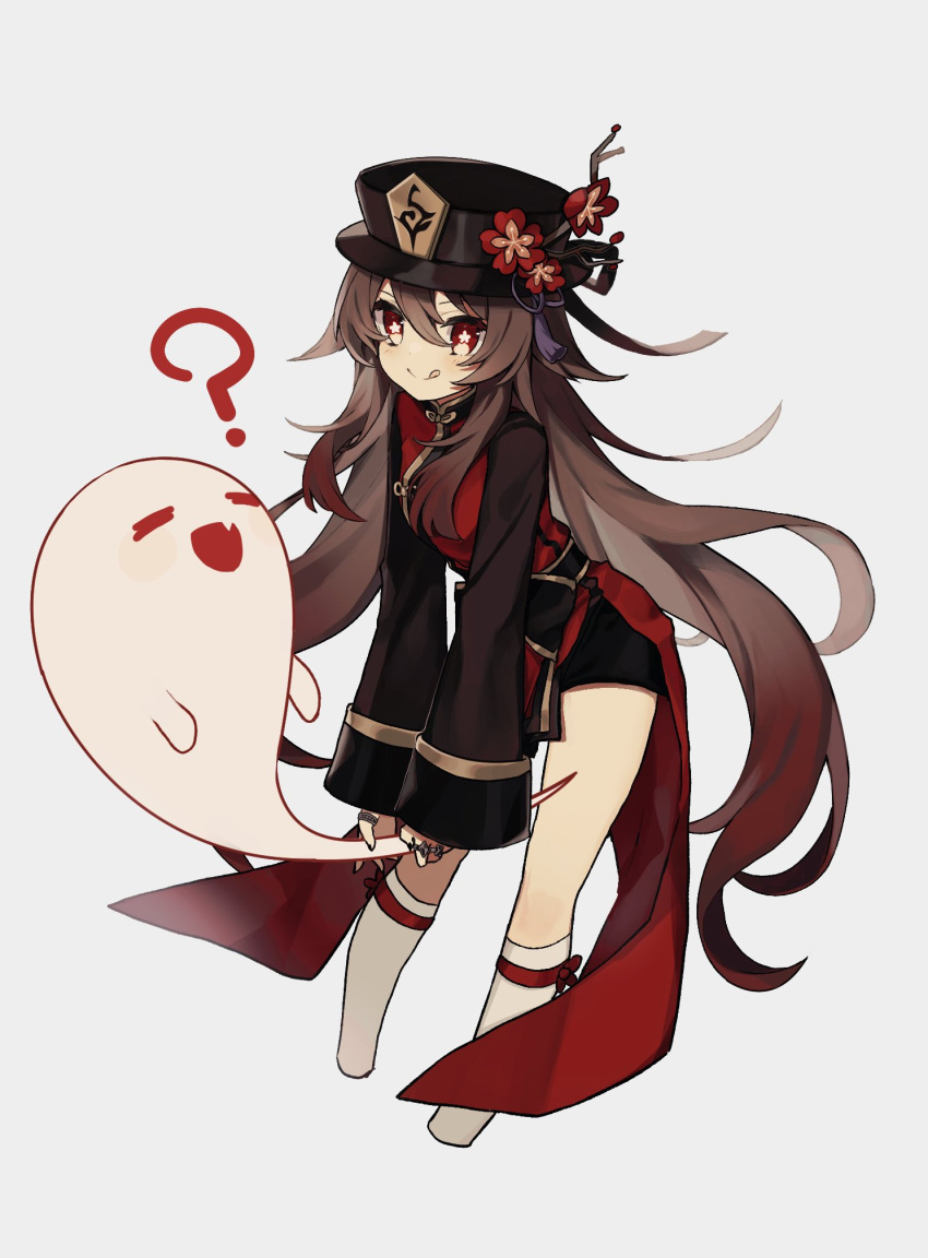 1girl :q ? arm_up bangs black_headwear black_nails black_shorts blush boo_tao_(genshin_impact) brown_hair chinese_clothes commentary_request eyelashes fang flower flower-shaped_pupils genshin_impact ghost hair_between_eyes hand_up hat hat_flower highres hu_tao_(genshin_impact) jewelry long_hair long_sleeves looking_at_viewer merry-san multiple_rings plum_blossoms porkpie_hat red_eyes red_flower red_shirt ribbon ring shirt shoes short_shorts shorts sidelocks skin_fang socks solo symbol-shaped_pupils tailcoat tassel tongue tongue_out twintails very_long_hair white_background wide_sleeves