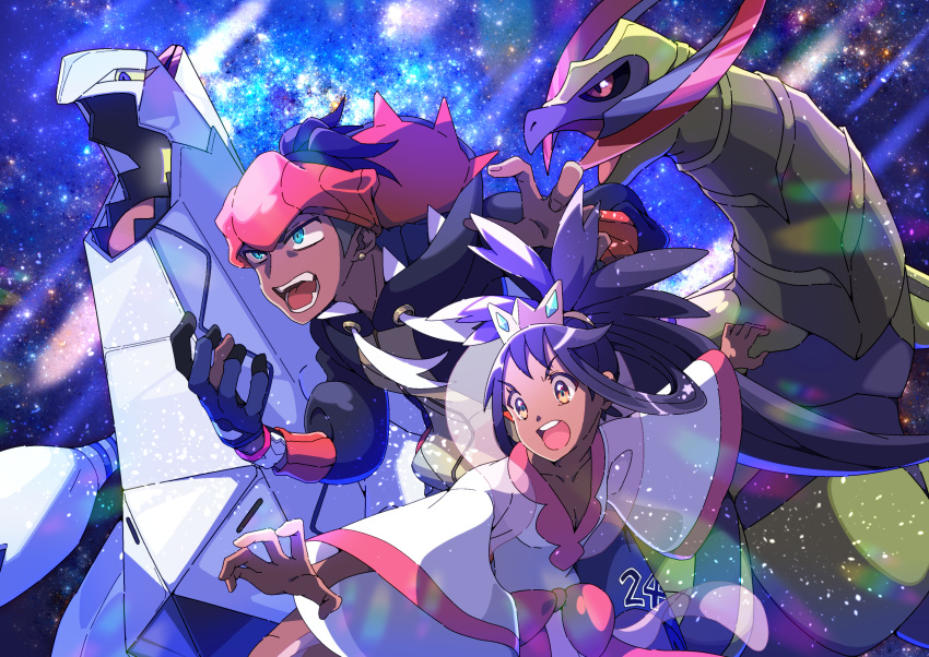 1boy 1girl absurdres black_hair blue_eyes brown_eyes commentary_request dark_skin dark_skinned_male duraludon dynamax_band earrings gen_5_pokemon gen_8_pokemon gloves gym_leader haxorus highres iris_(pokemon) jewelry kibana_(pokemon) long_hair open_mouth partly_fingerless_gloves pokemon pokemon_(creature) pokemon_(game) pokemon_bw2 pokemon_swsh pon_yui purple_hair single_glove starry_background teeth tiara tongue v-shaped_eyebrows wristband