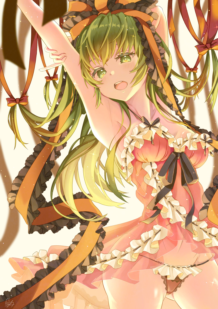 1girl absurdres alternate_costume alternate_hairstyle armpits ass_visible_through_thighs babydoll black_ribbon bow cowboy_shot frilled_panties frilled_ribbon frills green_eyes green_hair hair_bow hair_ribbon highres kagiyama_hina lace lingerie long_hair looking_at_viewer navel negligee open_mouth orange_ribbon panties pink_babydoll red_ribbon ribbon strap_slip too_many too_many_frills totomiya touhou underwear