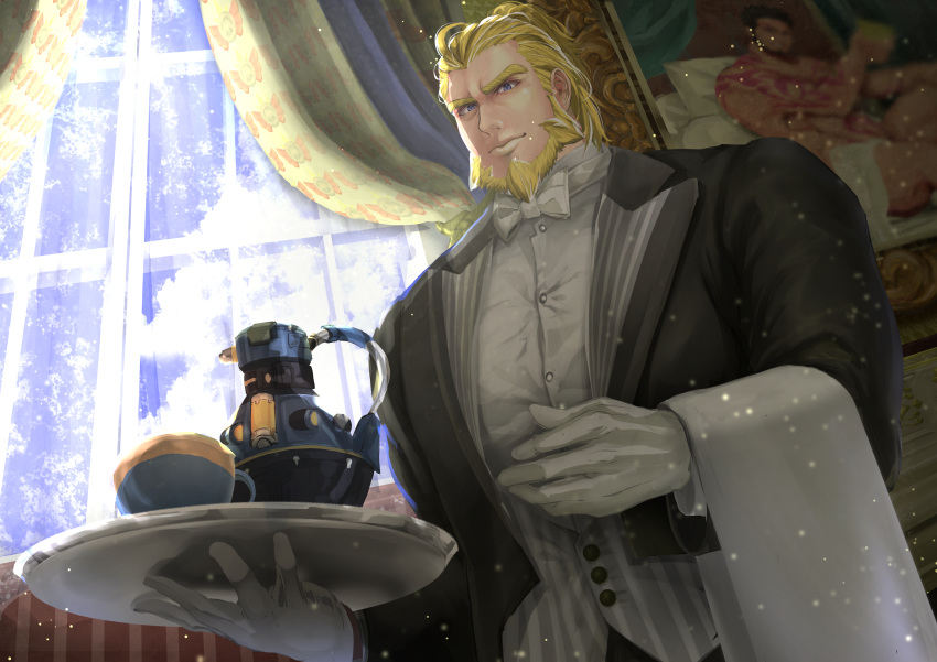 1boy absurdres bara beard black_suit blonde_hair blue_eyes bow bowtie butler cup day facial_hair formal gloves gyee highres indoors looking_at_viewer male_focus painting_(object) peter_(gyee) pfaxx solo standing suit teacup towel tray vest white_gloves white_vest window