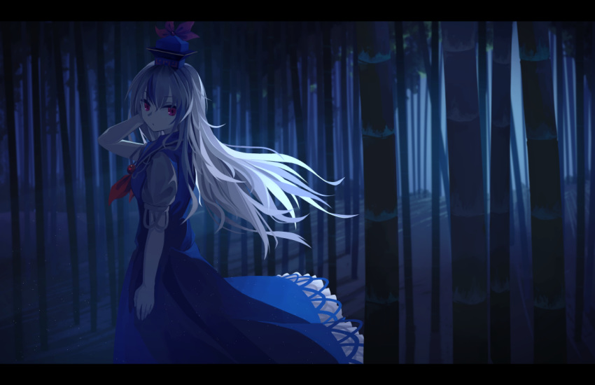 1girl akaiha_(akaihasugk) bamboo bamboo_forest blue_dress blue_hair closed_mouth dress feet_out_of_frame forest from_side grey_hair hat kamishirasawa_keine long_hair looking_at_viewer multicolored_hair nature night red_eyes red_neckwear shirt short_sleeves solo touhou two-tone_hair white_shirt