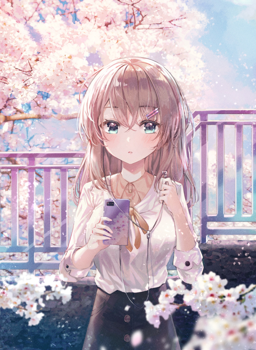 1girl absurdres bangs black_skirt blue_eyes blurry blush brown_hair brown_ribbon cherry_blossoms day depth_of_field earphones eyebrows_visible_through_hair geuyeon hair_between_eyes hair_ornament hairclip highres holding holding_phone huge_filesize long_hair looking_at_viewer original outdoors parted_lips pencil_skirt phone ribbon skirt solo
