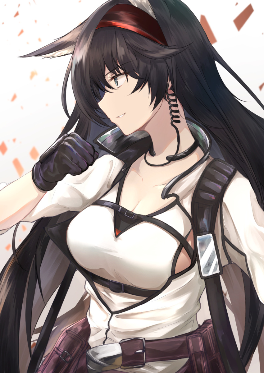 1girl animal_ears arknights bangs belt black_gloves black_hair blaze_(arknights) blue_eyes cable cat_ears clenched_hand eyebrows_visible_through_hair gloves grin hairband hand_up highres kiyakyuu parted_lips pouch profile red_hairband shirt smile solo tank_top upper_body white_background white_shirt white_tank_top