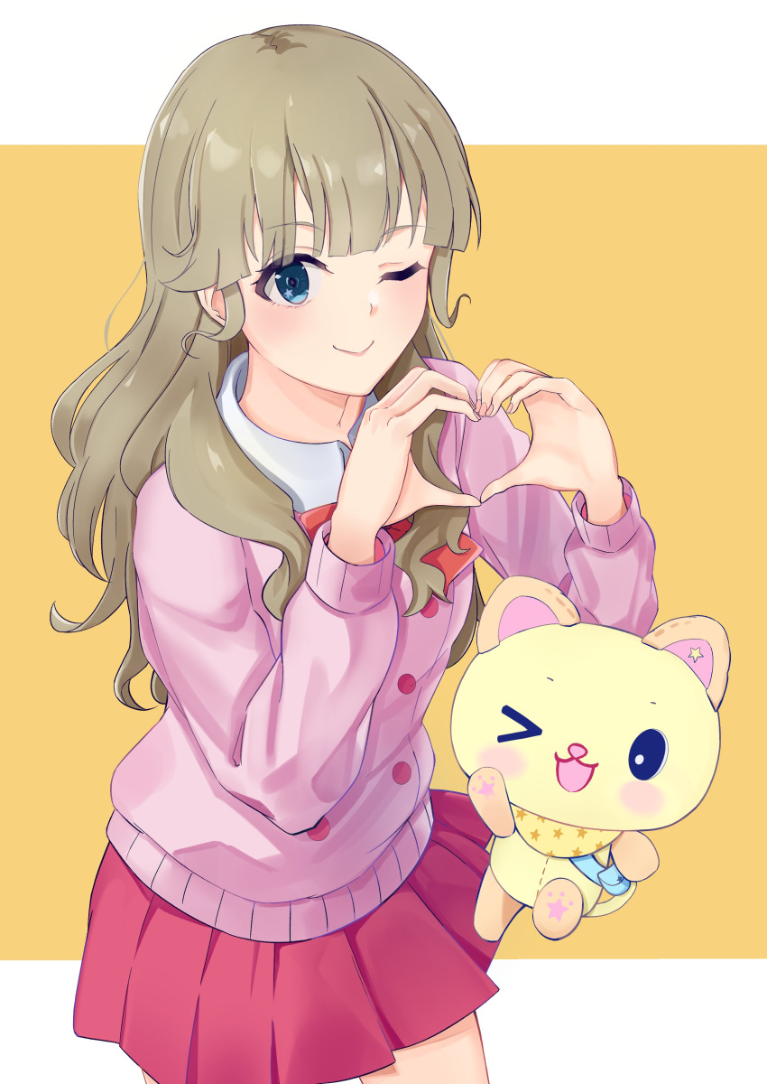 absurdres blue_eyes bow brown_hair collar heart heart_hands highres long_sleeves mewkledreamy one_eye_closed peko_(mewkledreamy) pink_sweater red_bow school_uniform simple_background skirt star-shaped_pupils star_(symbol) stuffed_animal stuffed_toy sweater symbol-shaped_pupils temple_circle tsukishima_maira white_collar