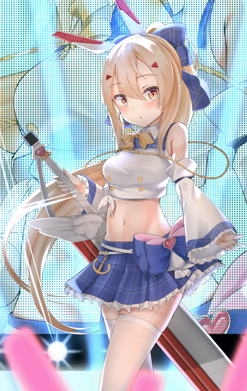 1girl :o ayanami_(azur_lane) ayanami_(troubled_star_idol)_(azur_lane) azur_lane bangs bare_shoulders blonde_hair blue_bow blue_skirt bow breasts commentary crop_top detached_sleeves double-breasted frilled_sleeves frills hair_between_eyes hair_bow headgear highres holding holding_sword holding_weapon long_hair long_ponytail long_sleeves looking_at_viewer medium_breasts micchamu miniskirt navel neck_ribbon pleated_skirt ponytail ribbon sidelocks skirt sleeves_past_wrists solo standing stomach sword thigh-highs very_long_hair weapon white_legwear wide_sleeves yellow_eyes yellow_ribbon