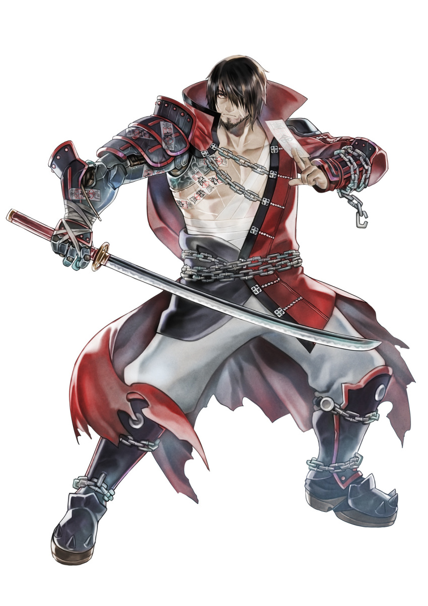 1boy arm_guards asymmetrical_clothes beard black_hair bloodstained:_curse_of_the_moon_2 bloodstained:_ritual_of_the_night boots facial_hair full_body hair_over_one_eye highres katana mechanical_arm natsume_yuji official_art ofuda scar shin_guards simple_background solo spiked_footwear standing sword weapon zangetsu_(bloodstained)