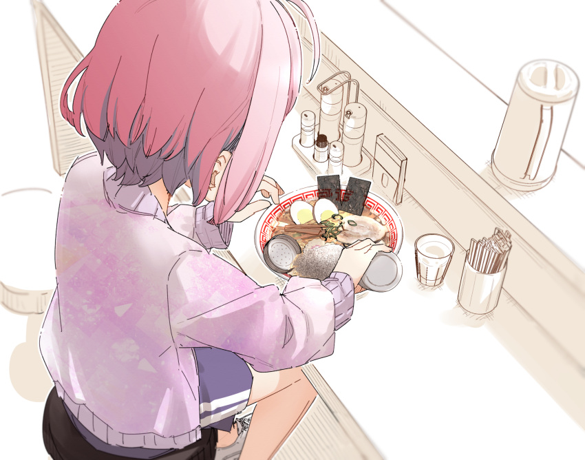 1girl ahoge bowl chopsticks commentary_request cup drinking_glass egg food highres idolmaster idolmaster_cinderella_girls jacket long_sleeves noodles nori_(seaweed) pepper_shaker pink_hair ramen restaurant short_hair shorts sitting solo spill table yukie_(kusaka_shi) yumemi_riamu