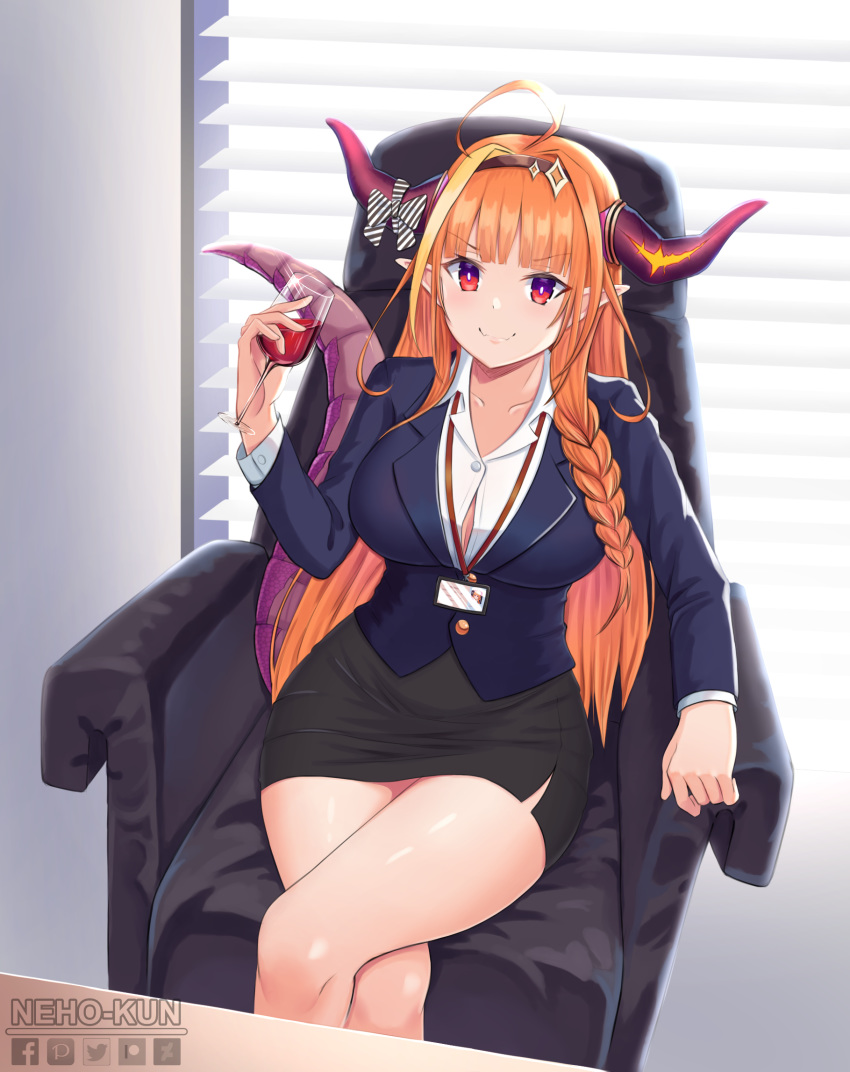 1girl ahoge alcohol armchair artist_name bangs black_skirt blazer blinds blonde_hair blue_jacket blunt_bangs bow braid breasts brown_hairband button_gap chair collarbone collared_shirt crossed_legs cup desk deviantart_logo dragon_girl dragon_horns dragon_tail dress_shirt drinking_glass eyebrows_visible_through_hair facebook_logo fangs feet_out_of_frame formal hair_ornament hairband highres holding holding_cup hololive horn_bow horns id_card indoors jacket kiryuu_coco lanyard large_breasts long_hair long_sleeves looking_at_viewer miniskirt multicolored_hair neho-kun office_lady orange_hair patreon_logo pencil_skirt pointy_ears red_eyes shirt sitting skirt skirt_suit smile solo suit table tail twitter_logo v-shaped_eyebrows very_long_hair virtual_youtuber watermark white_shirt window wine wine_glass