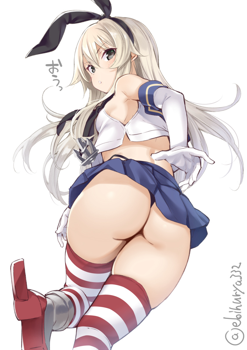 1girl absurdres ass black_neckwear black_panties blonde_hair blue_skirt blush crop_top ebifurya elbow_gloves enty_reward eyebrows_visible_through_hair gloves grey_eyes hair_between_eyes highleg highleg_panties highres kantai_collection long_hair neckerchief open_mouth paid_reward panties pleated_skirt school_uniform serafuku shimakaze_(kantai_collection) simple_background skirt sleeveless solo striped striped_legwear thigh-highs thong twitter_username underwear white_background white_gloves