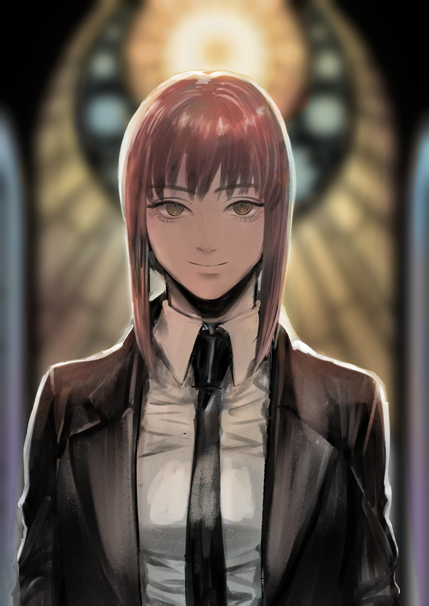 1girl absurdres arms_at_sides bangs black_jacket black_neckwear breasts business_suit chainsaw_man collared_shirt eyebrows_visible_through_hair formal highres jacket looking_at_viewer makima_(chainsaw_man) medium_breasts medium_hair necktie neckwear ringed_eyes rkgk81319 shirt smile solo suit white_shirt