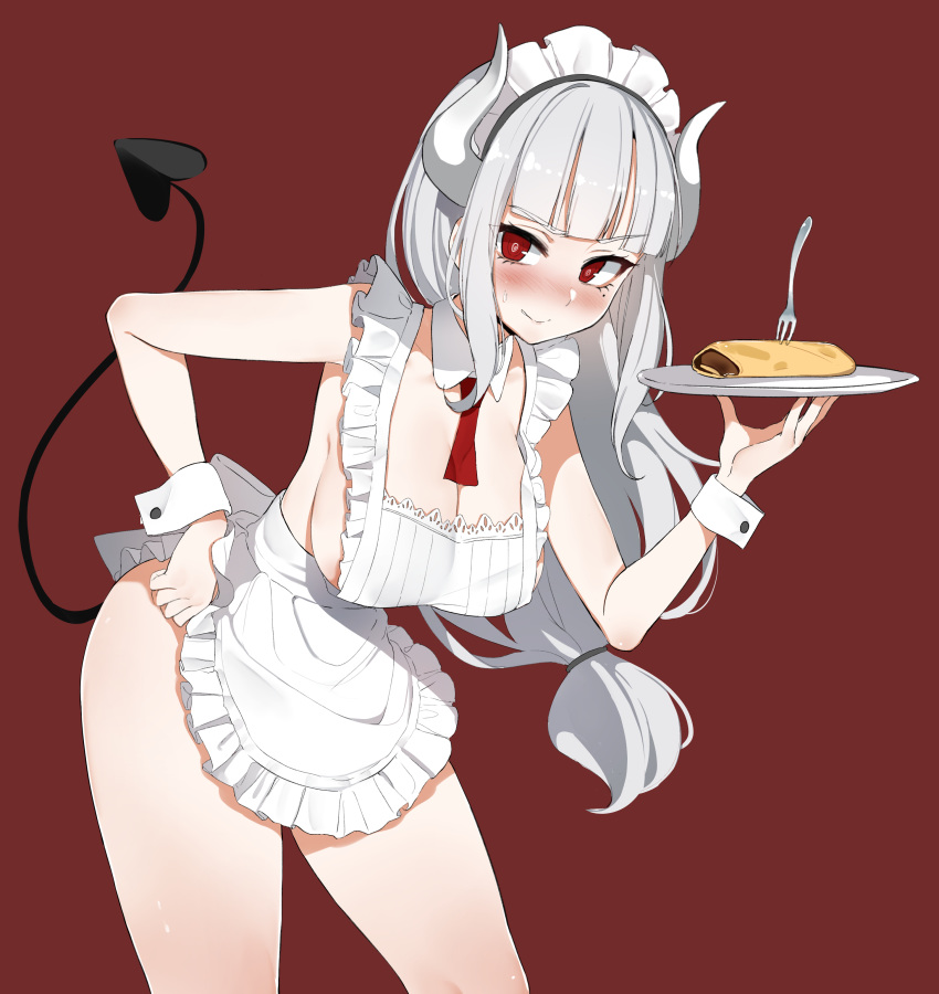 1girl absurdres apron bangs black_tail blush breasts commentary_request demon_girl demon_horns demon_tail eyebrows_visible_through_hair food fork frills helltaker highres holding holding_tray horns korean_commentary large_breasts leewh1515 long_hair looking_at_viewer lucifer_(helltaker) maid_apron maid_headdress mole mole_under_eye naked_apron pancake simple_background smile tail tray white_horns wrist_cuffs