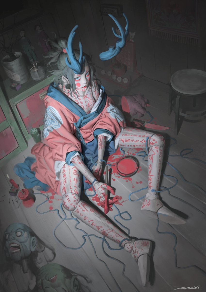 1girl blue_eyes blue_horns blush candle detached_horns doll_joints earrings from_above grey_hair highres horns indoors jewelry joints knife looking_at_viewer matches no_pupils original paint paintbrush pig pointy_ears shadow signature sitting solo stool zeenchin