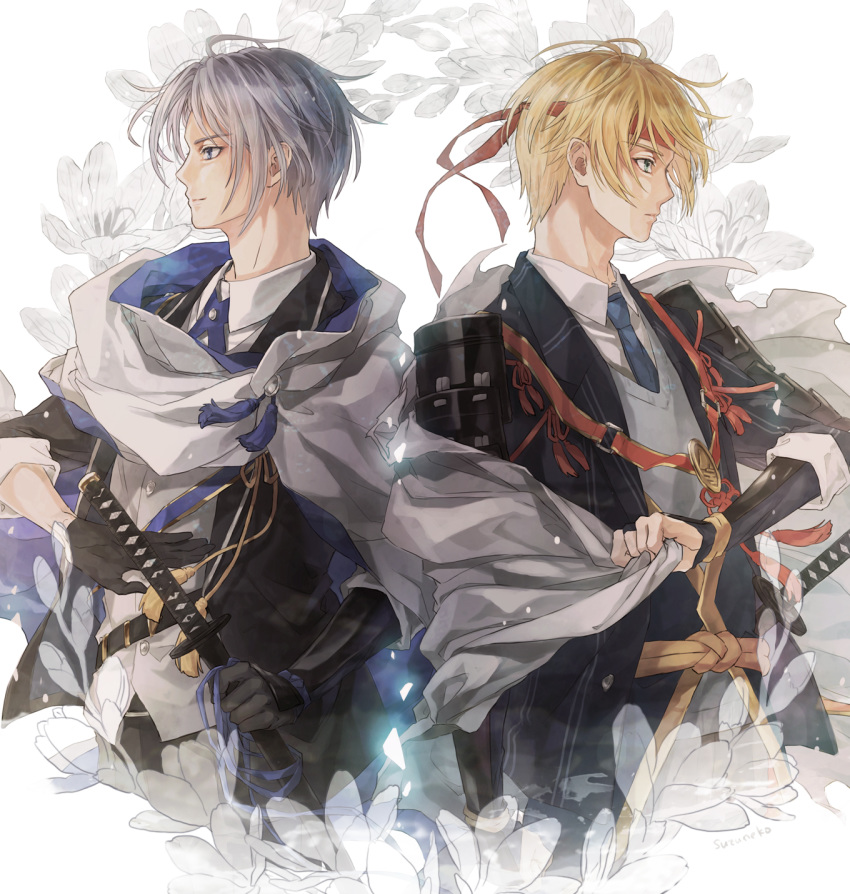 2boys aqua_eyes armor black_gloves blonde_hair blue_eyes cloak collared_shirt flower gloves highres japanese_armor katana kiwame_(touken_ranbu) male_focus multiple_boys necktie ready_to_draw sheath sheathed shirt shoulder_armor smile sode suzuneko-rin sword touken_ranbu weapon white_hair yamanbagiri_chougi yamanbagiri_kunihiro