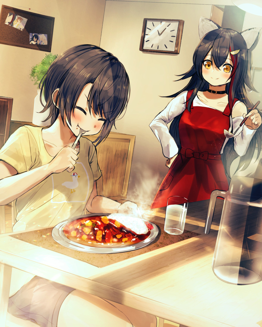 2girls absurdres animal_ear_fluff animal_ears apron asymmetrical_sleeves bangs black_hair black_shorts blush breasts clock closed_eyes closed_mouth collarbone commentary crossed_bangs curry curry_rice detached_sleeves eating food glass hair_between_eyes highres holding_ladle hololive indoors ladle long_hair looking_at_another medium_breasts misaki_nonaka multicolored_hair multiple_girls ookami_mio oozora_subaru pitcher plant potted_plant red_apron redhead rice shirt short_hair shorts sitting small_breasts smile standing streaked_hair t-shirt virtual_youtuber water wolf_ears yellow_eyes