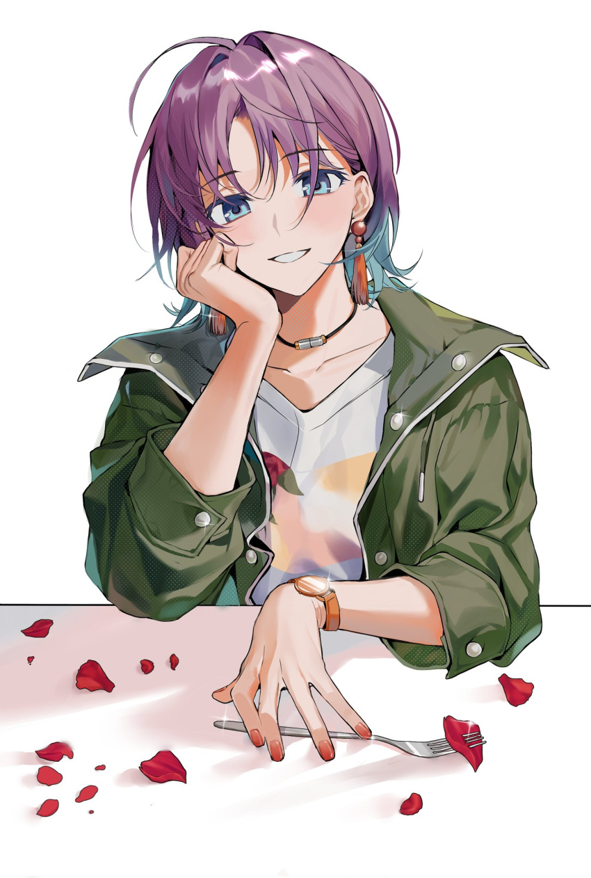 1girl :d ahoge asakura_tooru blue_hair clenched_hand collarbone ears eyebrows_visible_through_hair flower fork glint gradient_hair green_jacket halftone_texture hand_on_own_cheek hand_on_own_face head_rest head_tilt highres idolmaster idolmaster_shiny_colors jacket looking_at_viewer multicolored_hair nail_polish parted_lips petals print_shirt rose shio_(shiooommm) shirt short_hair simple_background smile solo upper_body violet_eyes watch watch white_background