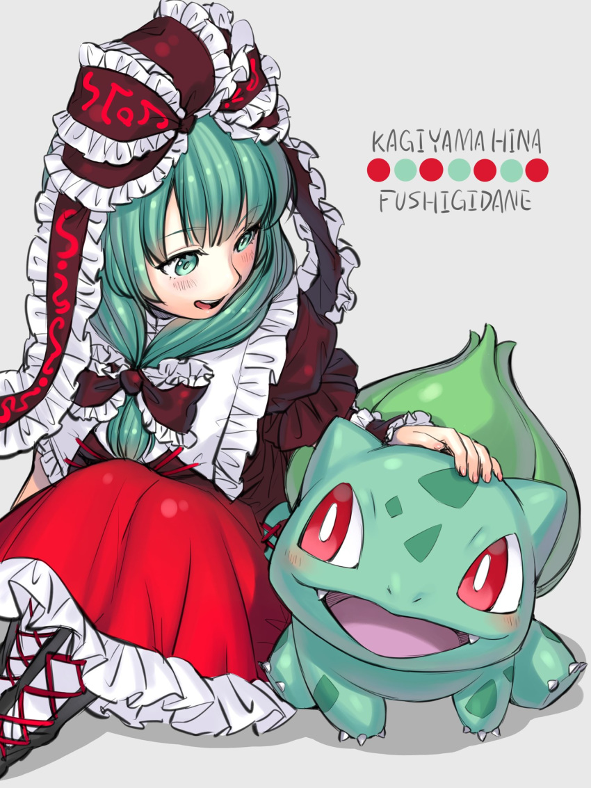 1girl aqua_eyes aqua_hair arm_ribbon bangs blush boots bow bulbasaur character_name collar collared_dress commentary_request cross-laced_footwear dress eyebrows_visible_through_hair feet_out_of_frame frilled_bow frilled_collar frilled_ribbon frills front_ponytail gen_1_pokemon green_eyes green_hair grey_background hair_bobbles hair_bow hair_ornament hair_ribbon hand_on_another's_head highres kageharu kagiyama_hina knee_boots long_hair looking_at_another looking_to_the_side open_mouth petting pokemon pokemon_(creature) puffy_short_sleeves puffy_sleeves red_dress red_eyes ribbon runes short_sleeves simple_background sitting smile solo tagme touhou