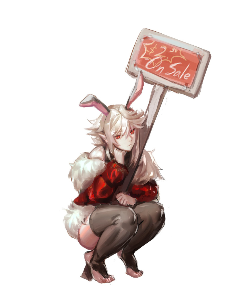 1boy animal_ears between_legs bunny_boy chin_rest closed_mouth corrin_(fire_emblem) corrin_(fire_emblem)_(male) crossdressinging fire_emblem fire_emblem_fates fire_emblem_heroes full_body fur_trim highres jacket legs_together looking_at_viewer male_focus pale_skin rabbit_ears red_eyes sale samsara_(shuukeura) solo squatting thigh-highs white_hair