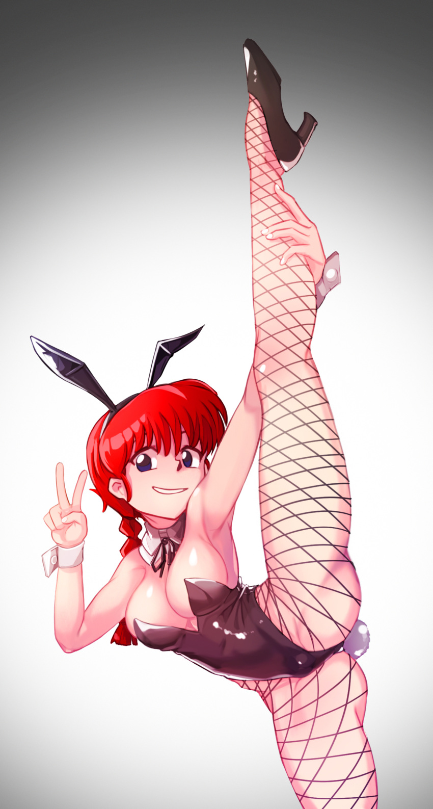 1girl absurdres animal_ears black_footwear black_leotard blue_eyes braid breasts bunny_girl bunny_tail bunnysuit detached_collar fake_animal_ears fishnet_legwear fishnets flexible genderswap genderswap_(mtf) ghgnvm high_heels highres leg_lift leg_up leotard long_hair medium_breasts pantyhose rabbit_ears ranma-chan ranma_1/2 redhead single_braid solo split standing standing_on_one_leg standing_split strapless strapless_leotard tail v wrist_cuffs