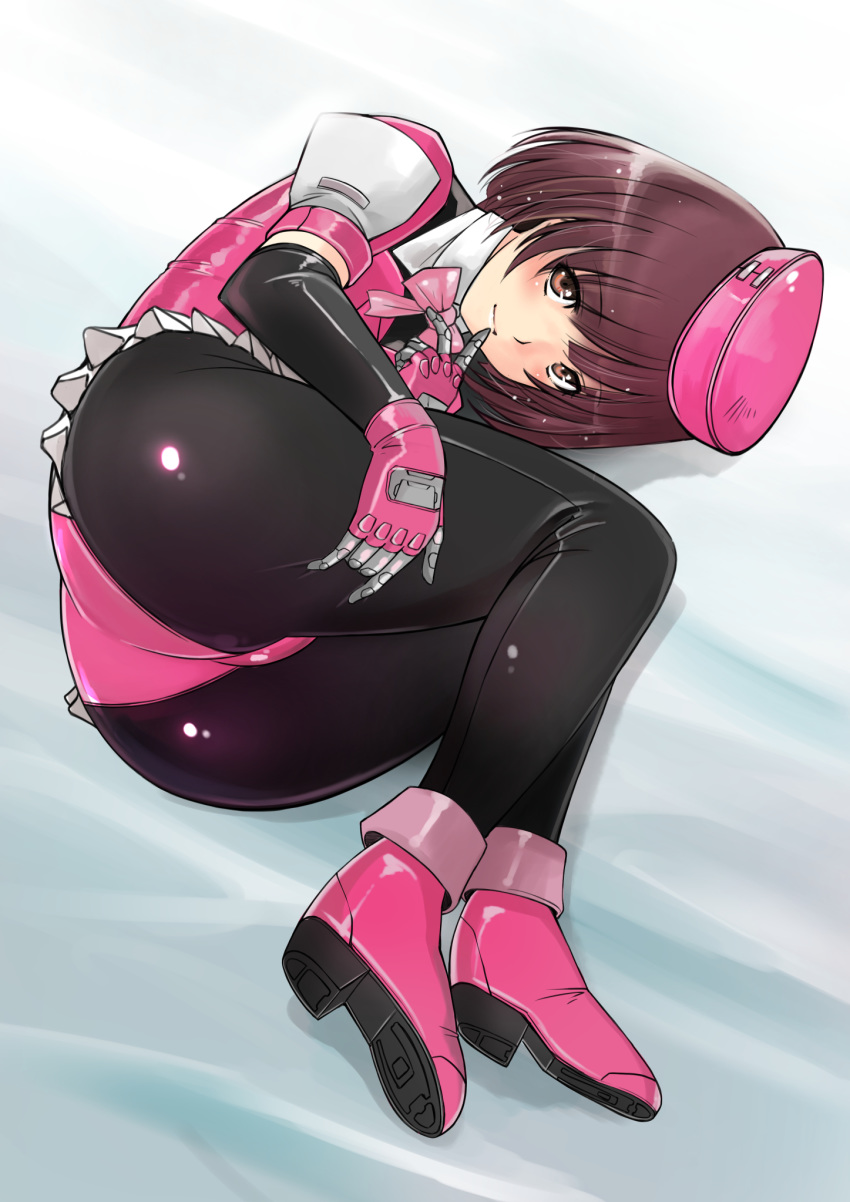 1girl black_bodysuit blush bodysuit bow bowtie brown_eyes brown_hair closed_mouth cyborg finger_to_mouth fingerless_gloves frills full_body gloves highres himegear leotard looking_at_viewer lying on_side original pink_bow pink_footwear pink_gloves pink_headwear pink_leotard shoes short_hair smile solo
