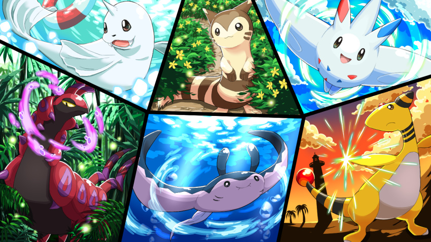 :d ampharos bubble clouds commentary_request day dewgong fangs flower flying foliage furret gen_1_pokemon gen_2_pokemon gen_4_pokemon gen_5_pokemon mantine no_humans open_mouth outdoors pokemon pokemon_(creature) pon_yui scolipede sky smile splitscreen togekiss tongue twilight underwater water