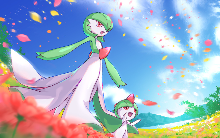 :d clouds commentary_request day flower from_below gardevoir gen_3_pokemon kakuzatou_(boxxxsugar) no_humans open_mouth outdoors outstretched_arms petals pink_eyes pokemon pokemon_(creature) ralts size_difference sky smile sparkle tongue
