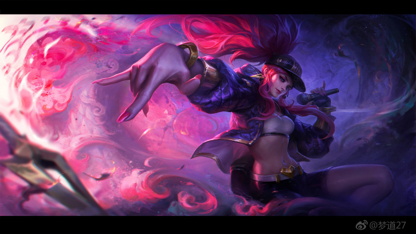 1girl akali alternate_costume artist_name bare_shoulders baseball_cap belt blue_eyes bracelet breasts choker dreamway fingerless_gloves gloves hat high_ponytail highres idol jacket jewelry k/da_(league_of_legends) k/da_akali league_of_legends long_hair looking_at_viewer microphone midriff necklace open_clothes open_jacket ponytail purple_hair redhead sidelocks solo strapless thighs tubetop weapon