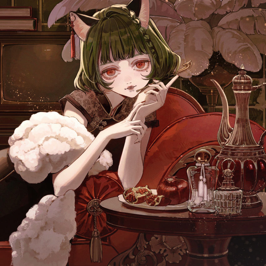 1girl absurdres animal_ears bangs black_dress blunt_bangs book bottle braid cat_ears cat_girl chair chaise_longue china_dress chinese_clothes cushion dress earrings feather_boa feathers food fruit green_hair head_tilt highres holding holding_smoking_pipe jewelry jug looking_at_viewer mole mole_under_eye myu_(valis) naluse_flow official_art parted_lips perfume_bottle pomegranate reclining red_eyes red_nails short_hair short_sleeves single_earring smoking_pipe solo table tassel tassel_earrings television upper_body valis_(sinsekai) yoidore_shirazu_(vocaloid)