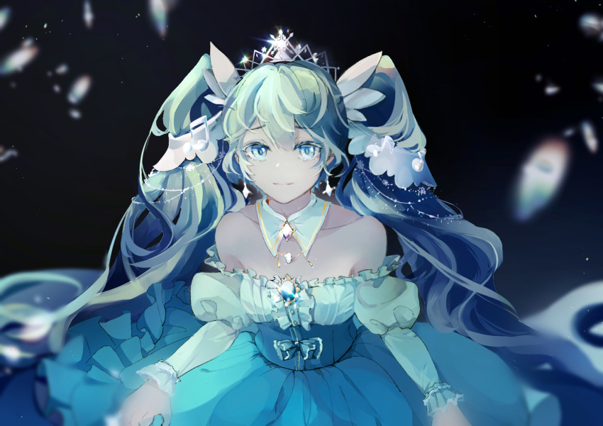 1girl aqua_hair bare_shoulders blue_dress blue_eyes corset dress eyebrows_visible_through_hair frilled_dress frills gem hatsune_miku kaelcite looking_at_viewer looking_up musical_note_hair_ornament solo tiara twintails vocaloid yuki_miku