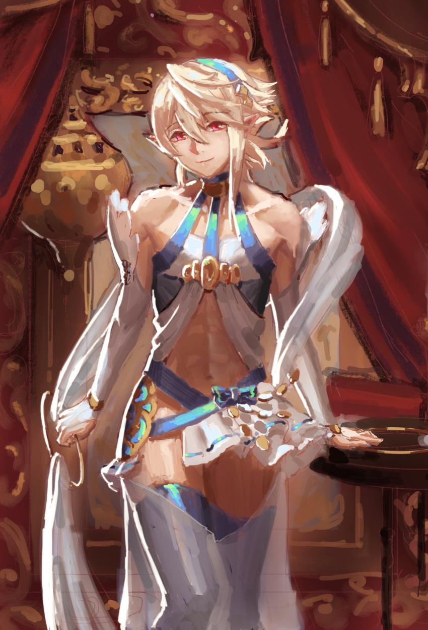 1boy abs arm_support bare_shoulders collarbone corrin_(fire_emblem) corrin_(fire_emblem)_(male) crossdressinging curtains detached_sleeves fire_emblem fire_emblem_fates fire_emblem_heroes frills halterneck highres looking_at_viewer navel red_eyes samsara_(shuukeura) see-through short_hair smile solo veil
