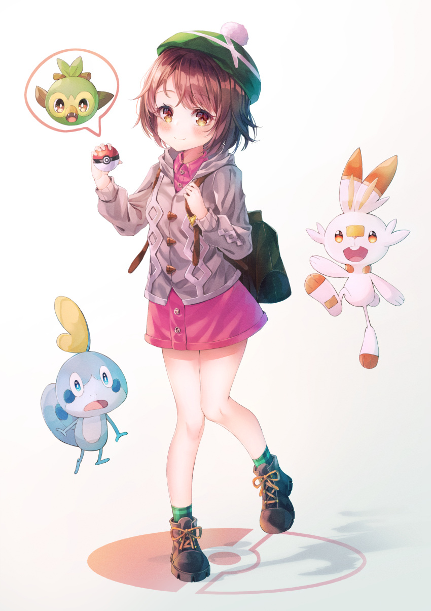 1girl absurdres backpack bag black_footwear blush brown_hair cardigan closed_mouth dress gen_8_pokemon geuyeon green_headwear grey_cardigan grookey highres holding holding_poke_ball hooded_cardigan long_sleeves looking_at_viewer pink_dress poke_ball poke_ball_symbol pokemon pokemon_(game) pokemon_swsh pom_pom_(clothes) scorbunny shoes short_hair smile sobble socks standing standing_on_one_leg tam_o'_shanter yellow_eyes yuuri_(pokemon)