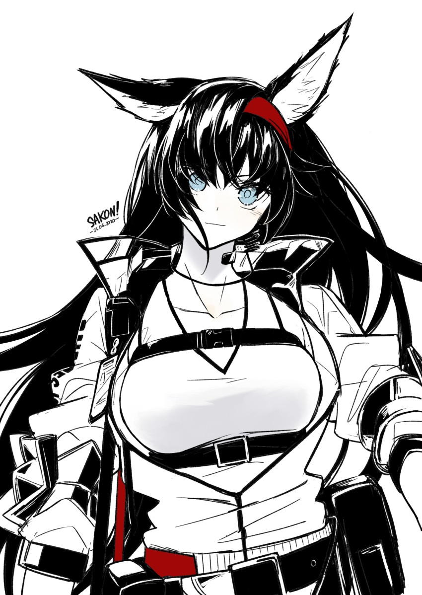 1girl absurdres animal_ears arknights artist_name bangs belt blaze_(arknights) blue_eyes breasts cat_ears commentary dated hairband head_tilt highres jacket limited_palette long_hair looking_at_viewer medium_breasts pouch red_hairband sakon04 shirt simple_background solo spot_color upper_body white_background