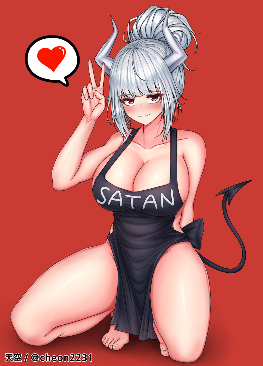 1girl absurdres apron arm_behind_back artist_name bangs bare_shoulders black_apron blush breasts character_name collarbone commentary_request demon_girl demon_horns demon_tail eyebrows_visible_through_hair heart helltaker highres horns large_breasts long_hair looking_at_viewer lucifer_(helltaker) mole mole_under_eye naked_apron red_background red_eyes silver_hair simple_background smile solo tail tiankong translation_request v white_horns
