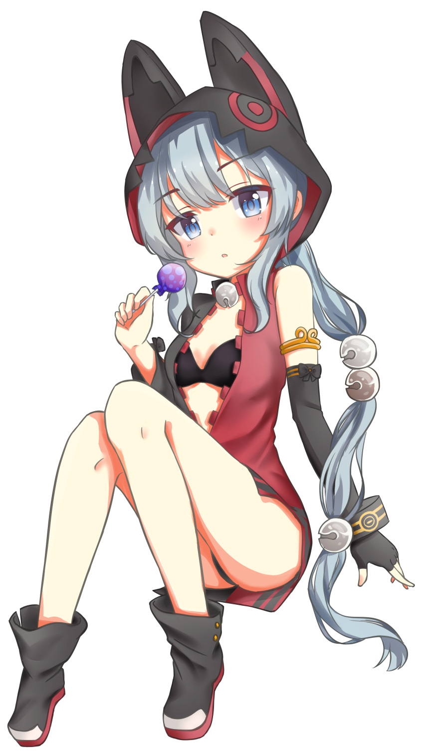 1girl absurdres bangs black_bra black_gloves black_panties blue_eyes blue_hair blush boots bra candy chii_aruel elbow_gloves eyebrows_visible_through_hair fingerless_gloves food full_moon gloves highres holding knees_together_feet_apart lollipop long_hair long_sleeves looking_at_viewer moon panties pantyshot parted_lips ponytail poppypilf sidelocks simple_background single_fingerless_glove single_glove single_sleeve sitting solo soul_worker underwear very_long_hair white_background