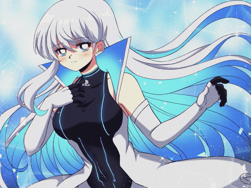 1990s_(style) 1girl absurdres bare_shoulders blue_eyes blue_hair blush breasts closed_mouth covered_navel criis-chan elbow_gloves english_commentary eyebrows_visible_through_hair game_console gloves hair_between_eyes highres large_breasts long_hair looking_at_viewer multicolored_hair oldschool original personification playstation_5 simple_background single_sidelock sleeveless sleeveless_jacket solo two-tone_hair upper_body very_long_hair white_background white_hair