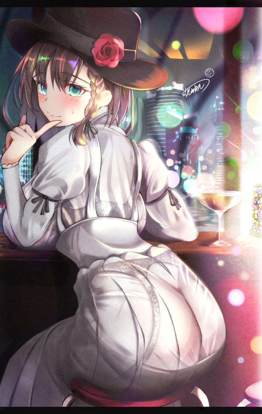 1girl ass bar blush bra_through_clothes braid breasts brown_hair charlotte_corday_(fate/grand_order) dress fate/grand_order fate_(series) from_behind garter_belt green_eyes hat highres juliet_sleeves large_breasts long_sleeves looking_back muni_nuren puffy_sleeves see-through signature smile stool white_dress