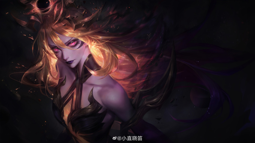 absurdres alternate_costume artist_name bare_shoulders blonde_hair collared_dress dark_cosmic_lux dress flute_(artist) glowing glowing_eyes glowing_hair headpiece highres huge_filesize league_of_legends lipstick long_hair looking_at_viewer looking_to_the_side luxanna_crownguard makeup purple_lipstick red_eyes standing
