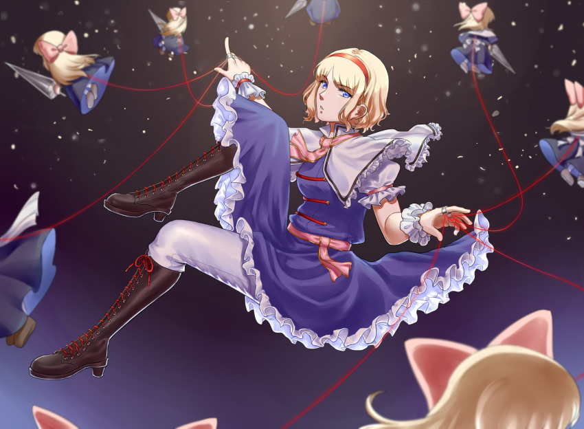 alice_margatroid arumimangotroid black_footwear blonde_hair blue_dress blue_eyes boots capelet cross-laced_footwear doll dress floating_hair frilled_capelet frilled_dress frills hairband highres juliet_sleeves knee_boots lace-up_boots lance long_sleeves looking_at_viewer midair pants pink_neckwear polearm puffy_sleeves red_hairband short_hair short_sleeves string touhou weapon white_pants