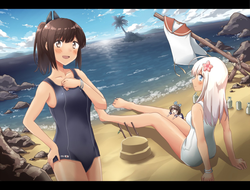 3girls ahoge any_(lucky_denver_mint) ass bangs bare_arms bare_legs bare_shoulders barefoot beach blue_sky blush bracelet breasts brown_eyes brown_hair clouds collarbone commentary_request day eyebrows_visible_through_hair fairy_(kantai_collection) flower hair_flower hair_ornament hairclip hand_on_hip horizon i-401_(kantai_collection) jewelry kantai_collection long_hair looking_at_viewer multiple_girls ocean one-piece_swimsuit one-piece_tan open_mouth orange_sailor_collar outdoors palm_tree ponytail revision ro-500_(kantai_collection) rock sailor_collar sand school_swimsuit short_hair short_ponytail side-tie_shirt sitting sky smile standing swimsuit tan tanline tree water