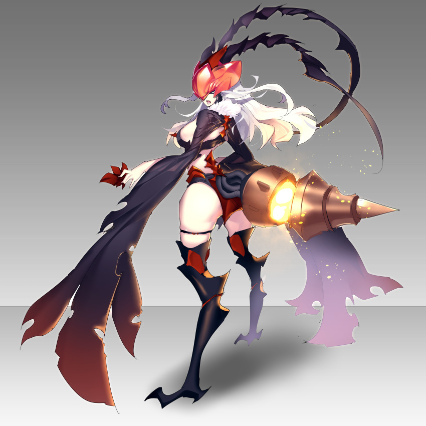 1girl absurdres antennae breasts carapace commentary_request full_body fur_collar gradient gradient_background grey_background helmet highres large_breasts long_hair looking_at_viewer monster_girl open_mouth original skindentation solo thigh_strap white_hair wide_sleeves zhu_fun