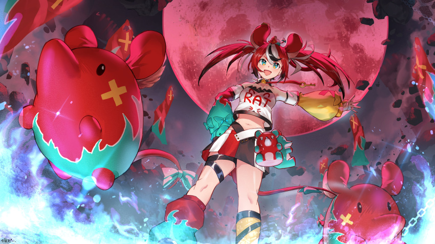 1girl absurdres animal_ears aqua_bow banner bare_shoulders black_collar black_hair black_skirt blue_eyes blue_fire bow chain cheese collar crop_top detached_sleeves dice_hair_ornament fang fire floating_rock food hair_ornament hakos_baelz hand_on_hip highres hololive hololive_english jeze key_necklace midriff moon mouse_ears mouse_girl mouse_tail mousetrap multicolored multicolored_clothes multicolored_hair multicolored_skirt navel off-shoulder_shirt off_shoulder open_mouth outstretched_arm pleated_skirt puffy_sleeves red_moon red_skirt red_sleeves redhead rubble shirt skirt spiked_collar spikes stuffed_animal stuffed_toy tail tail_bow tail_ornament twintails white_hair white_shirt white_skirt yellow_sleeves