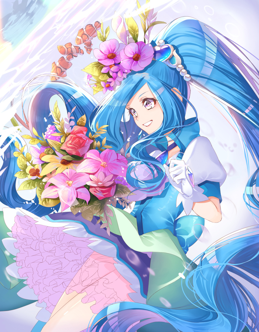 1girl absurdres back_bow blue_bow blue_eyes blue_hair blue_neckwear blue_skirt blue_vest bouquet bow choker cowboy_shot cure_fontaine fish flower frills gloves hair_flower hair_ornament healin'_good_precure highres long_hair looking_away magical_girl ponytail precure red_flower red_rose rose sawaizumi_chiyu shiny shiny_hair skirt smile solo vest white_gloves yuutarou_(fukiiincho)