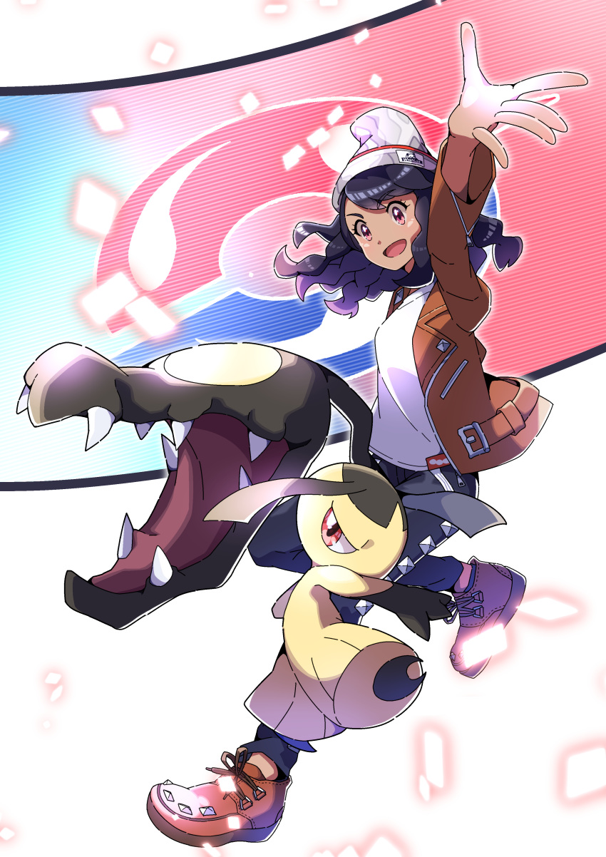 1girl absurdres alternate_costume alternate_eye_color alternate_hairstyle bangs black_hair brown_footwear brown_jacket commentary_request eyebrows_visible_through_hair eyelashes gen_3_pokemon grey_headwear hat highres jacket long_sleeves mawile open_mouth outstretched_arm pants pink_eyes pokemon pokemon_(creature) pokemon_(game) pokemon_swsh pon_yui shirt shoes smile spread_fingers swept_bangs tongue white_shirt yuuri_(pokemon)