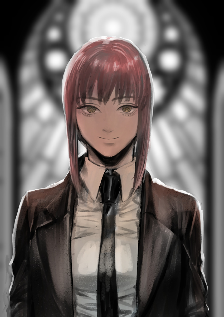 1girl absurdres arms_at_sides bangs black_jacket black_neckwear breasts business_suit chainsaw_man collared_shirt eyebrows_visible_through_hair formal highres jacket looking_at_viewer makima_(chainsaw_man) medium_breasts medium_hair monochrome_background necktie neckwear partially_colored ringed_eyes rkgk81319 shirt smile solo suit white_shirt