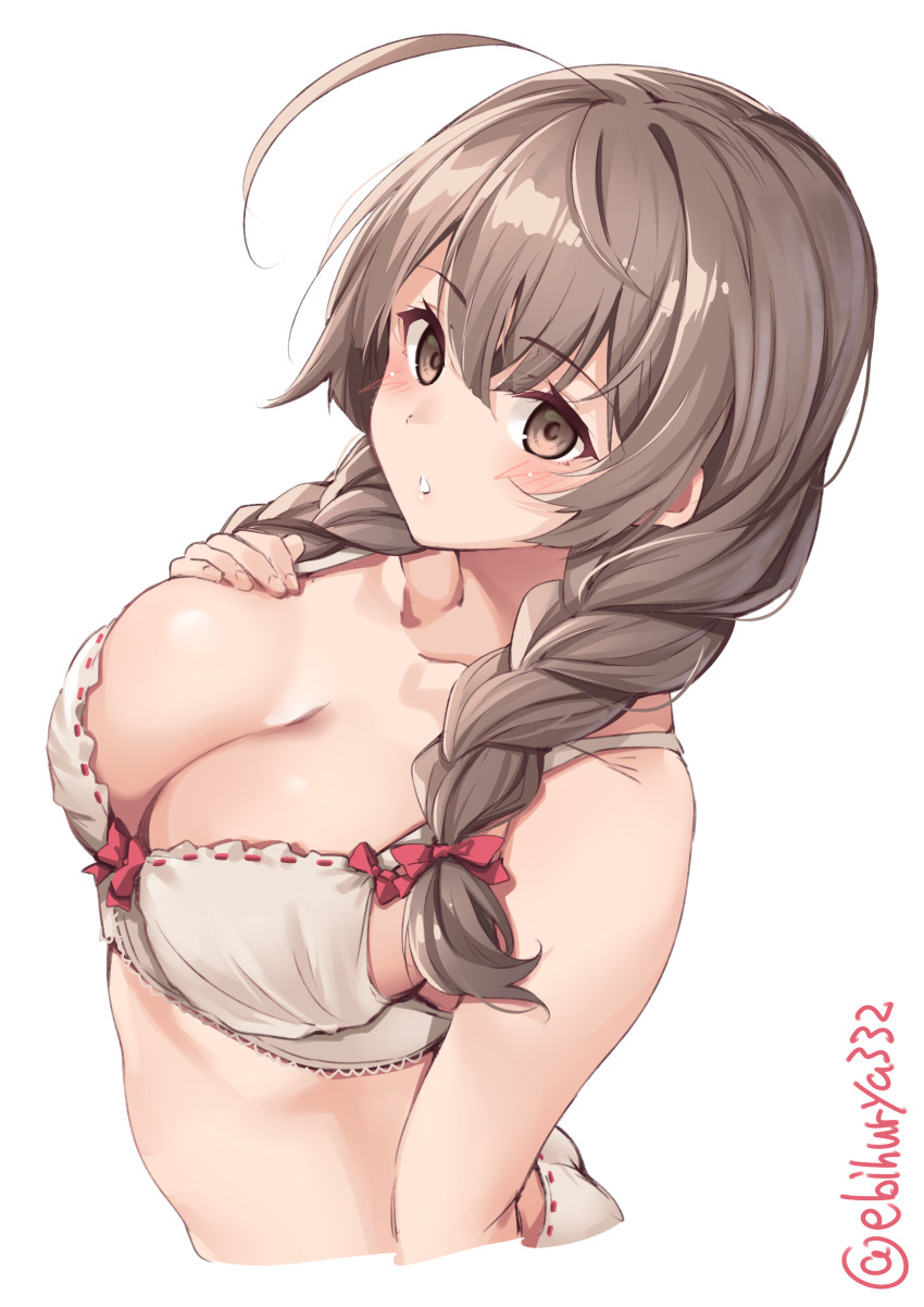 1girl absurdres ahoge blush bra braid breasts brown_eyes brown_hair collarbone cropped_torso ebifurya enty_reward eyebrows_visible_through_hair hair_between_eyes highres kantai_collection large_breasts long_hair paid_reward parted_lips shinshuu_maru_(kantai_collection) simple_background solo twin_braids twitter_username underwear white_background white_bra